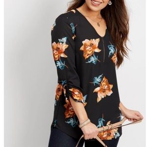 Maurice’s Black Floral Zipper Front Tunic Blouse - L